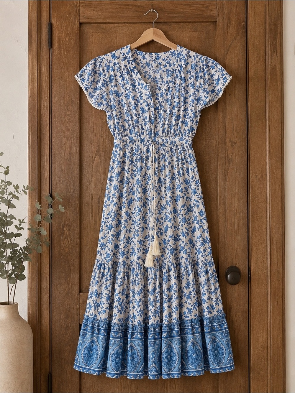 Blue Floral Tiered Midi Dress with Tassel Drawstring